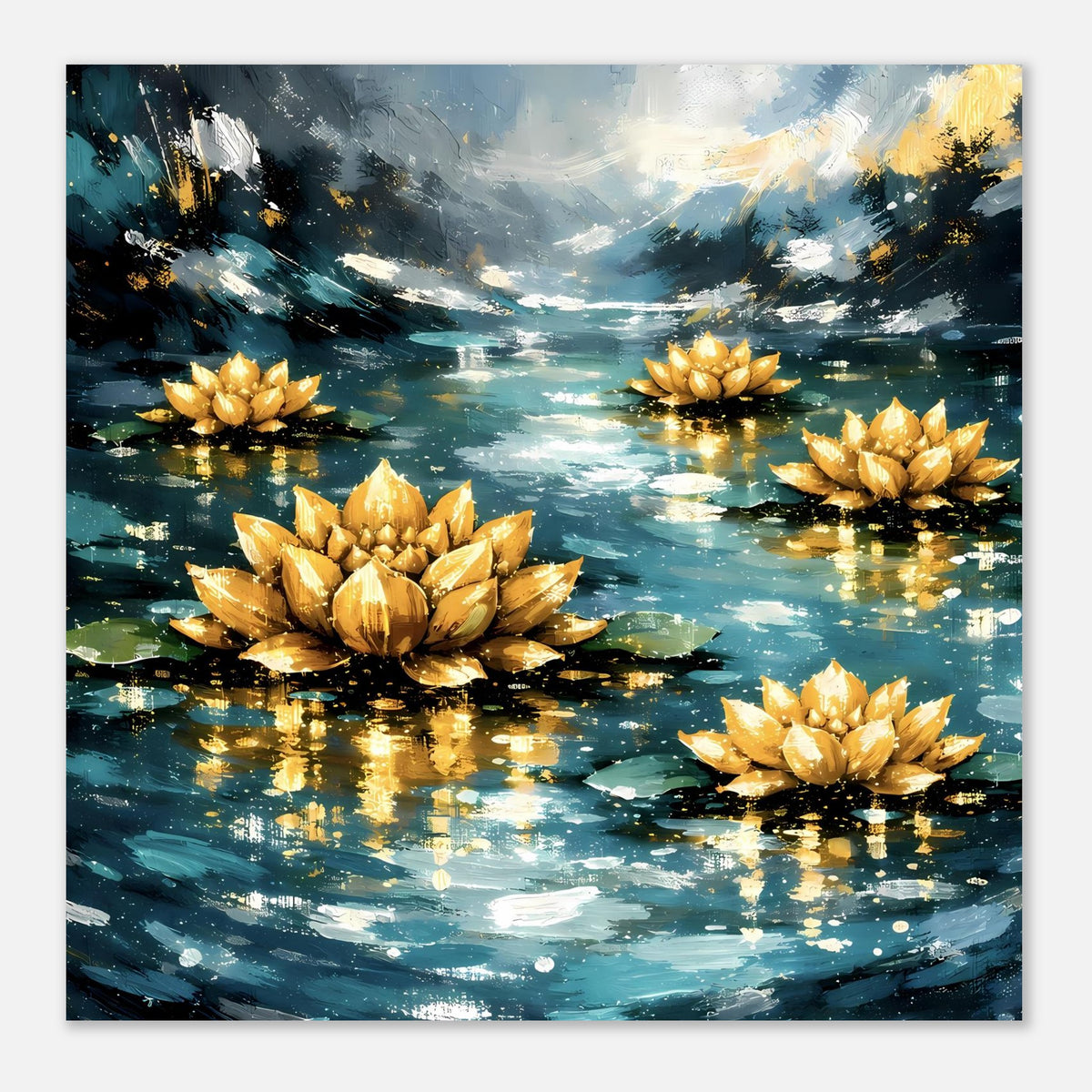 Poster mit goldenen Lotusblüten im Teich, kompakte Komposition mit vier Blumen