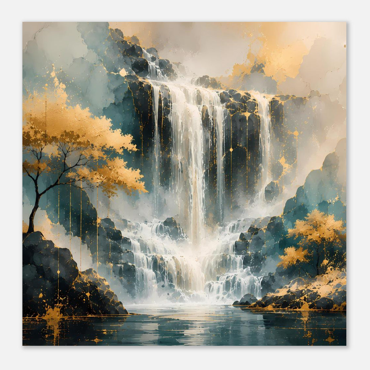 Poster im Querformat: Wasserfall über Felsen, warmes Goldlicht und kühle Blaunuancen