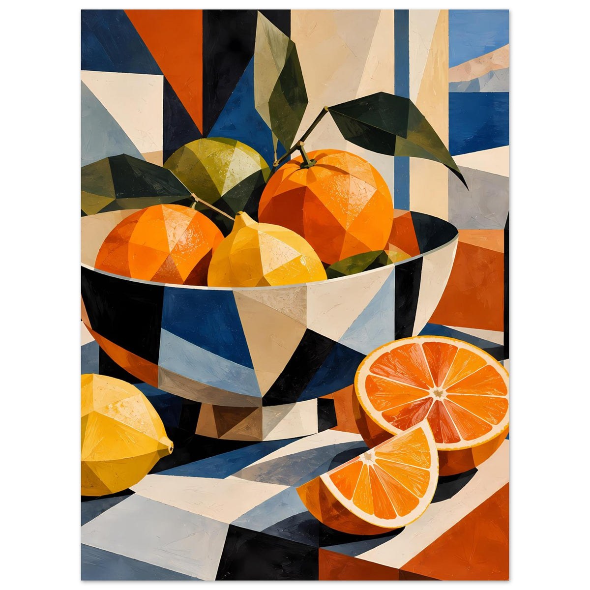 Poster: Schale mit Orangen und Zitronen, rechts vier Orangenspalten, geometrisches Muster im Obstarrangement.