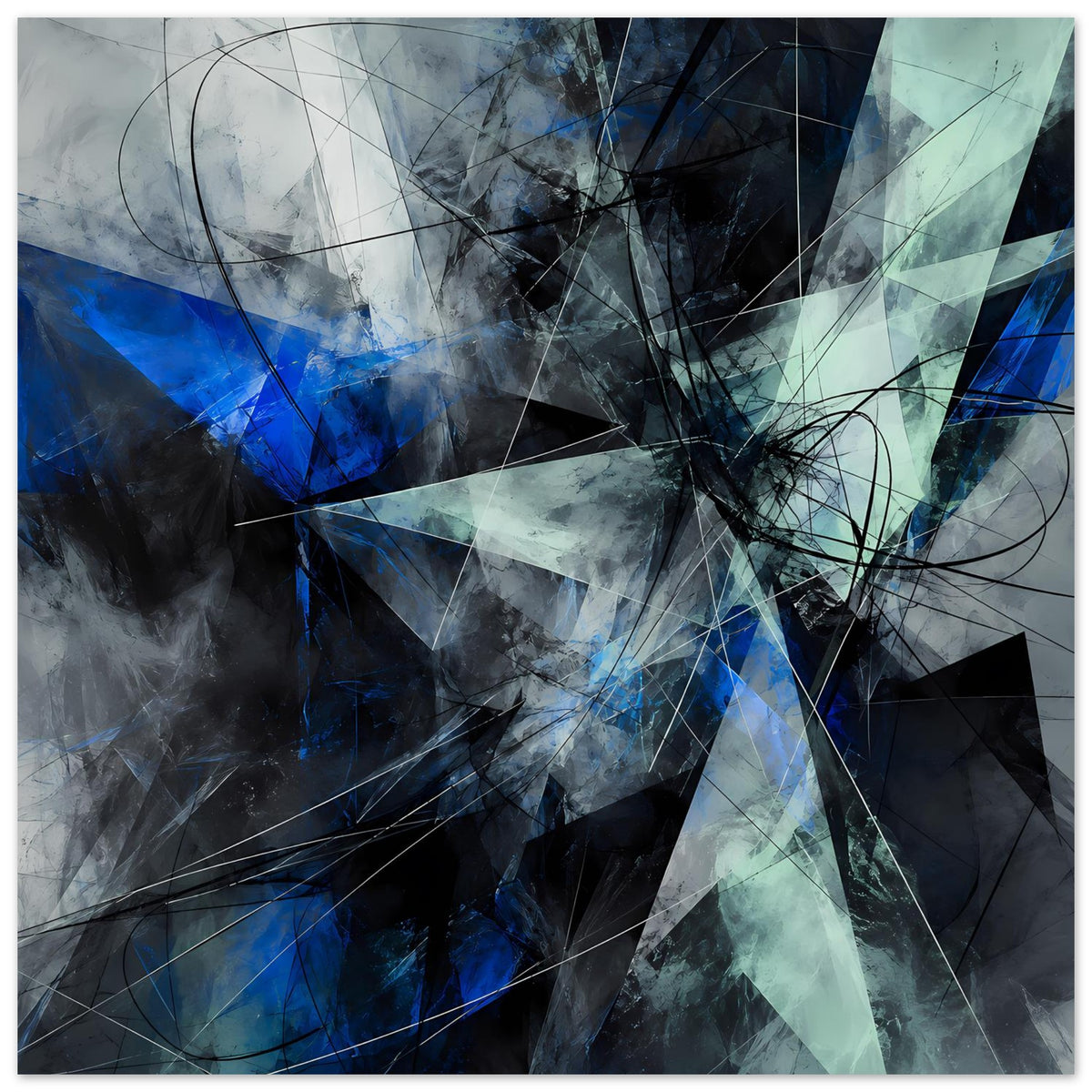 Abstraktes geometrisches Poster, quadratischer Zuschnitt, Blau, Türkis und Grau