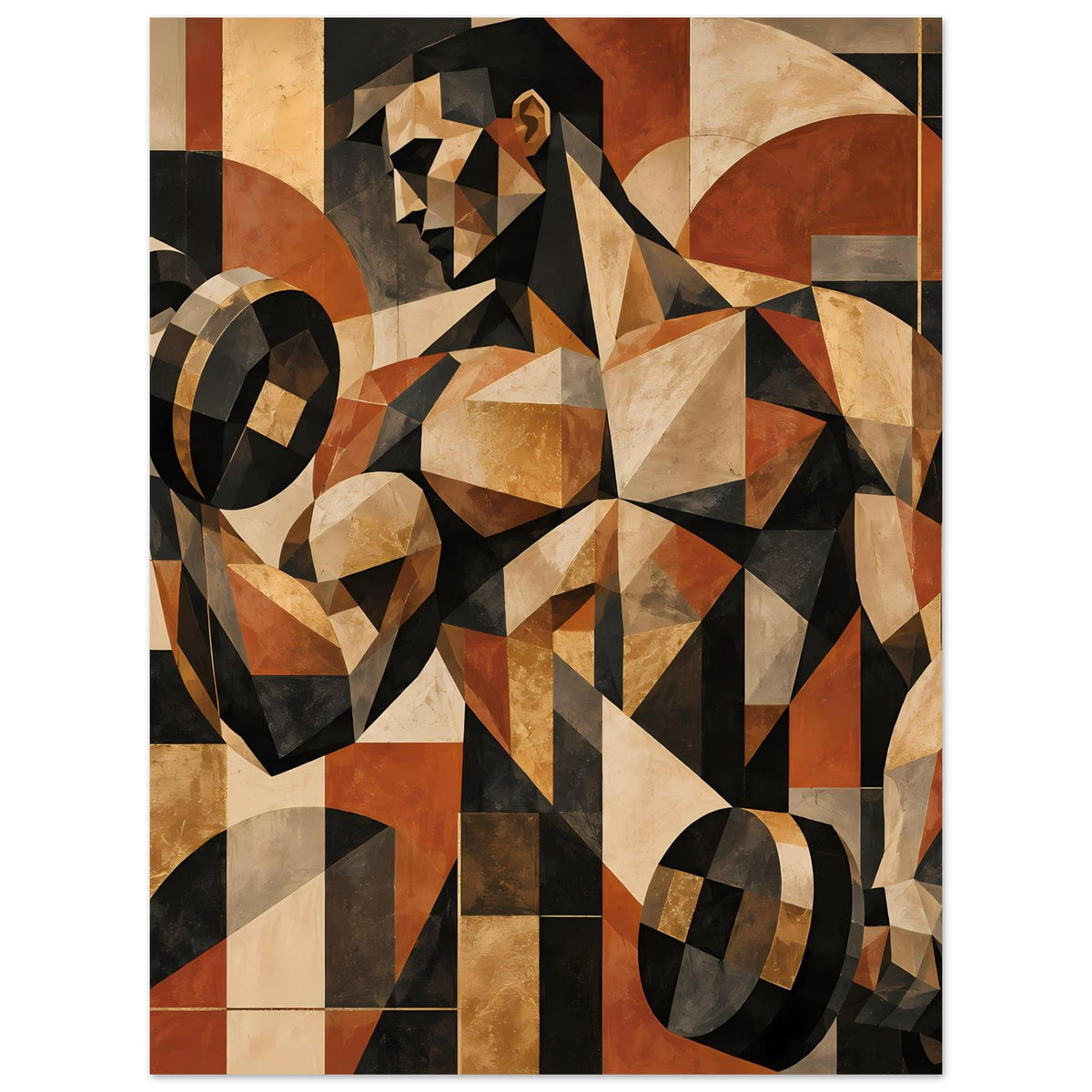 Geometrisches Kraft-Poster, abstrakte Gesichter und Formen, Erdtöne mit schwarz und rostrot