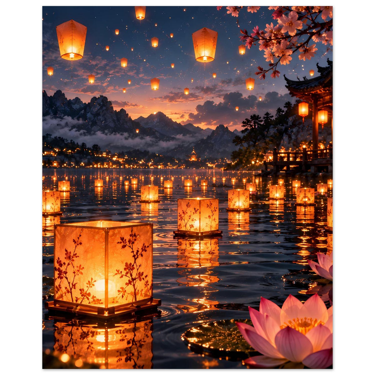 Poster im Hochformat mit Laternen über Wasser, Kirschblüten und Tempel