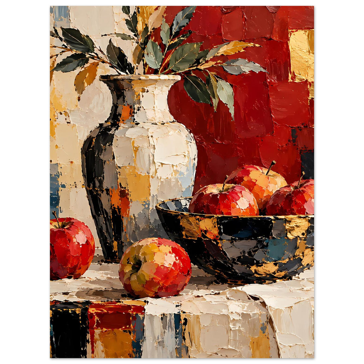 Kunstposter im Hochformat: weiße Vase, rote Farbfläche, Schale mit roten Früchten
