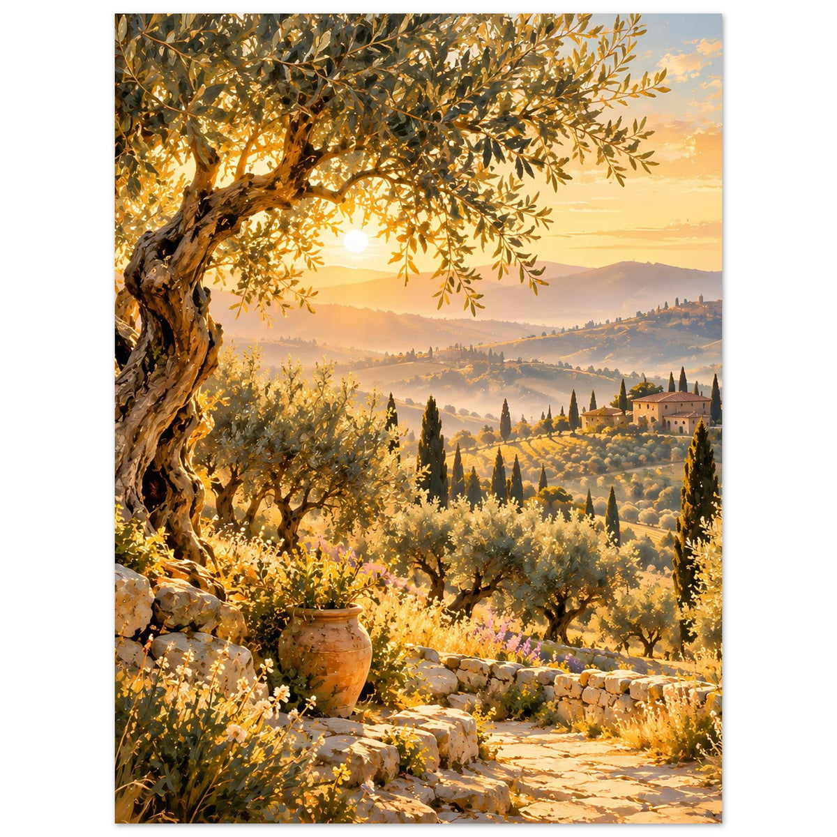 Posterdruck Hochformat: goldener Sonnenaufgang, Olivenbaum links, Hügel mit Dorfdetails
