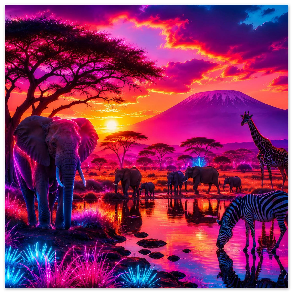 Hochformat-Poster mit Elefant, mehreren Tieren, Giraffe und Zebra bei Sonnenuntergang