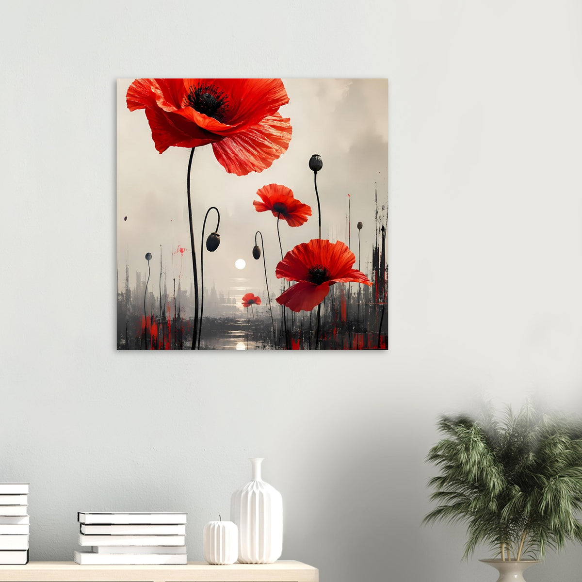 Poster mit roten Mohnblumen und schwarzen Stielen, darüber helle Nebelstimmung