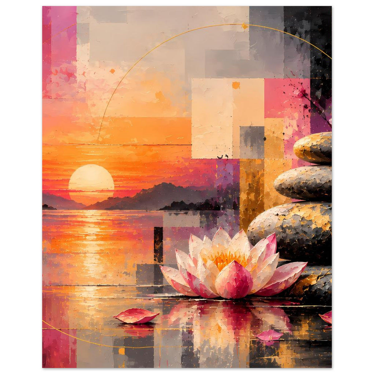 Zen-Poster mit Lotusblüte, Steinhaufen rechts und abstrakten Farbflächen im Abendlicht