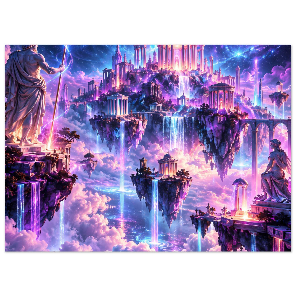 Breites Fantasy-Poster mit schwebenden Inseln, Tempeln, Wasserfällen; Statuen seitlich