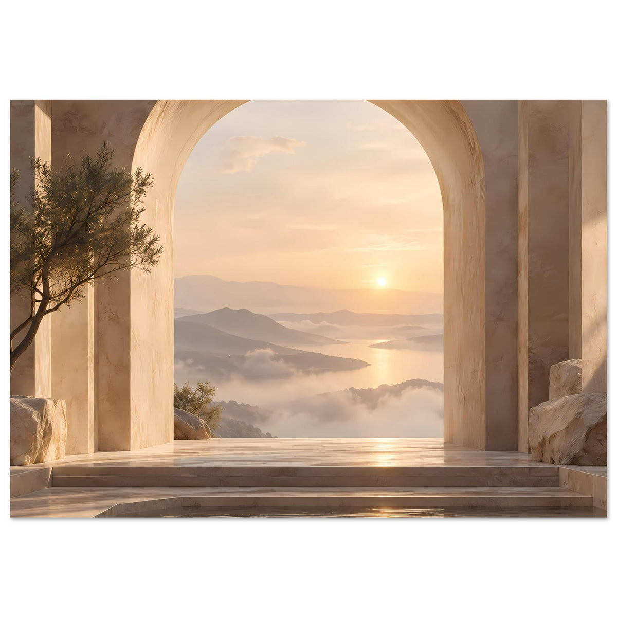Wandposter mit Rundbogen, Sonnenuntergangsstimmung: Berge, Nebel, ruhiges Wasser und Steinstufen