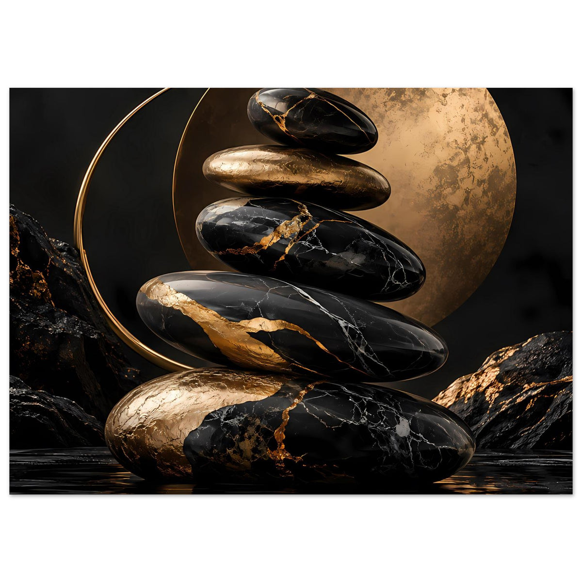 Wandposter mit Zen-Steinen und goldenem Ringbogen, schwarzer und beiger Marmoroptik