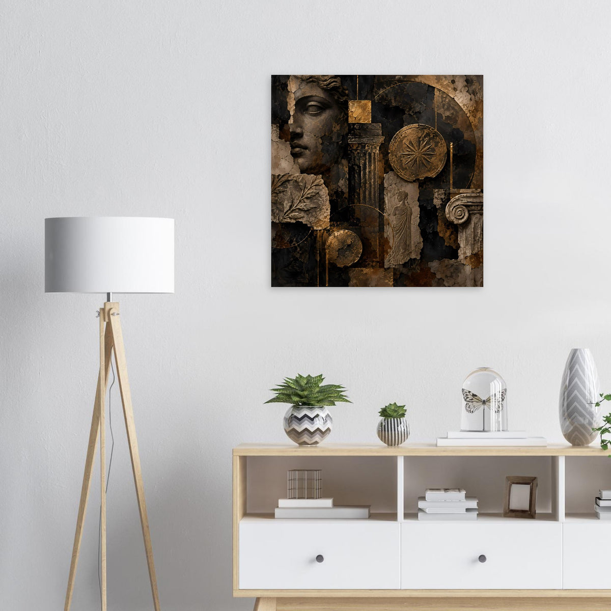 Quadratisches Wandposter mit antikem Frauenprofil in Bronze- und Schwarzbrauntönen