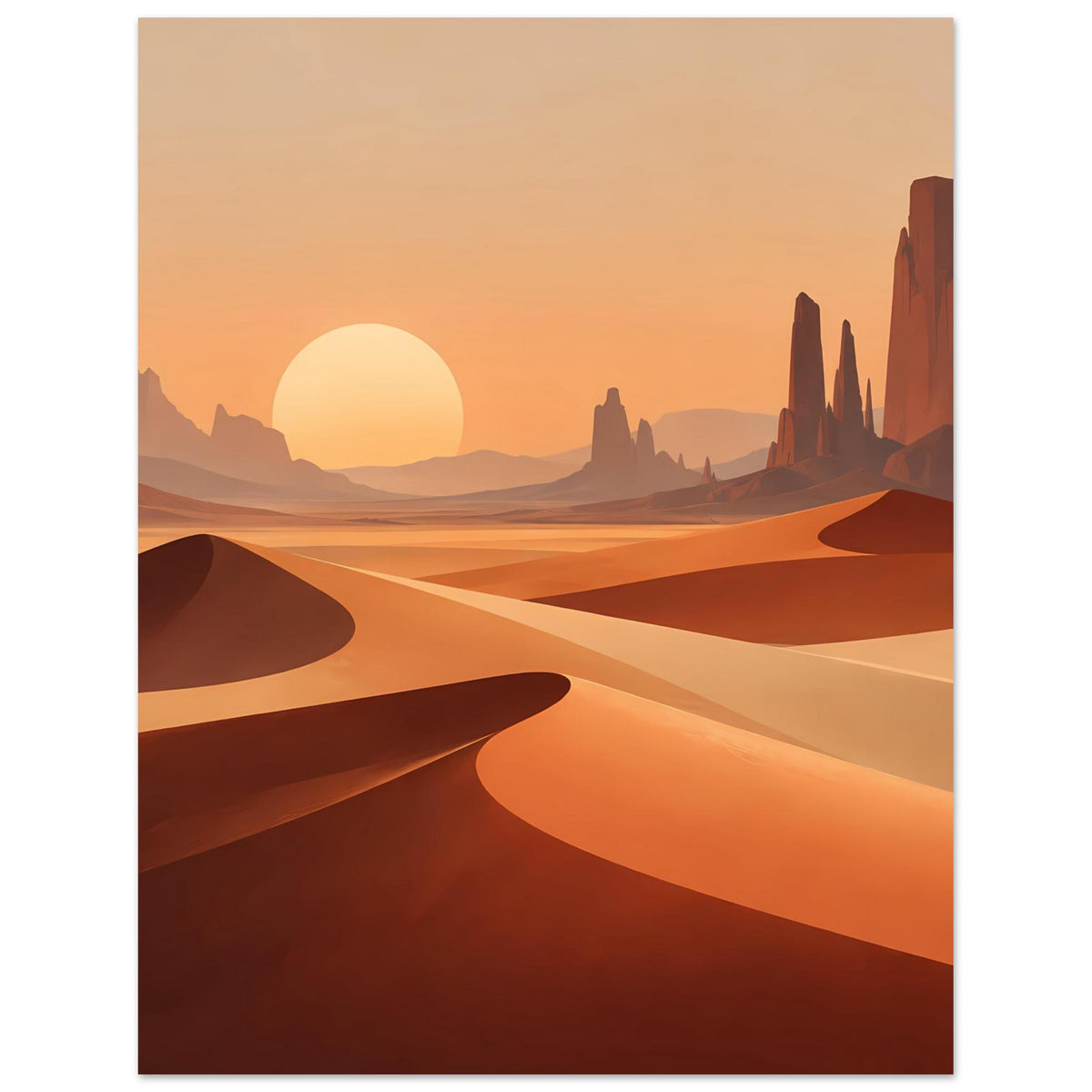 Poster mit Wüstenlandschaft und großer Sonne am Horizont, Sandwege und Felsen, orange