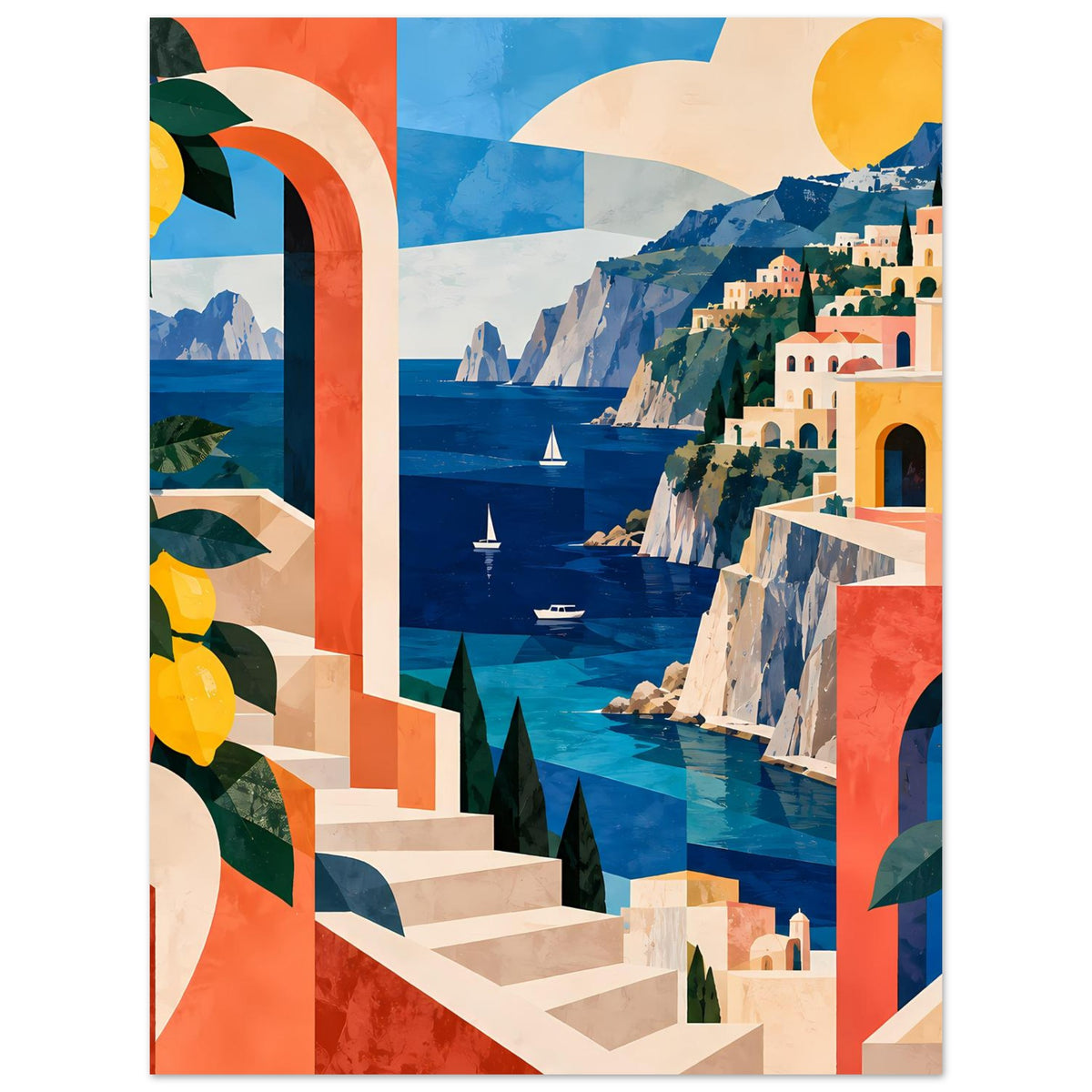 Mediterranes Küstenposter: Arkaden links, blaues Meer mit Booten, Häuser an Klippen