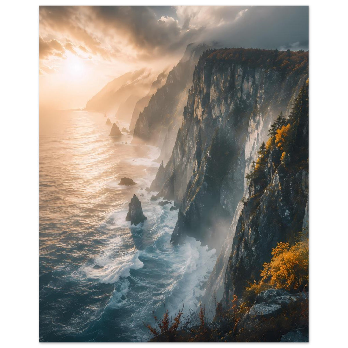Poster mit Küstenklippen, türkisblauem Wasser und gelbem Herbstlaub am Rand