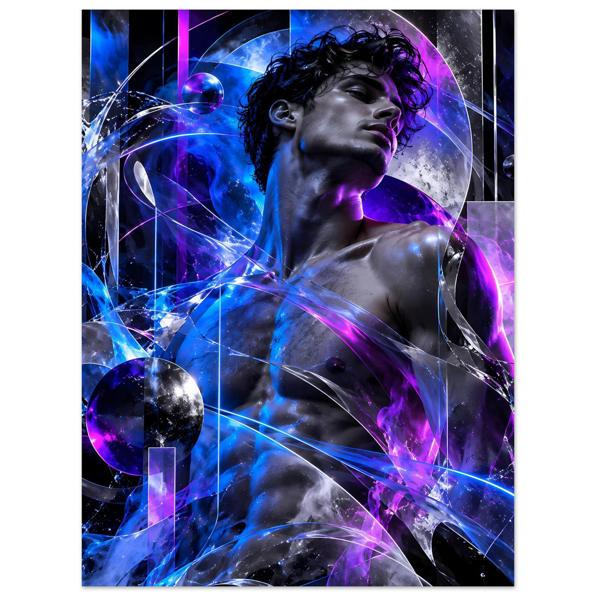 Futuristisches Poster: männlicher Torso mit blau-violettem Glühen, Energiestrahlen und Kugel