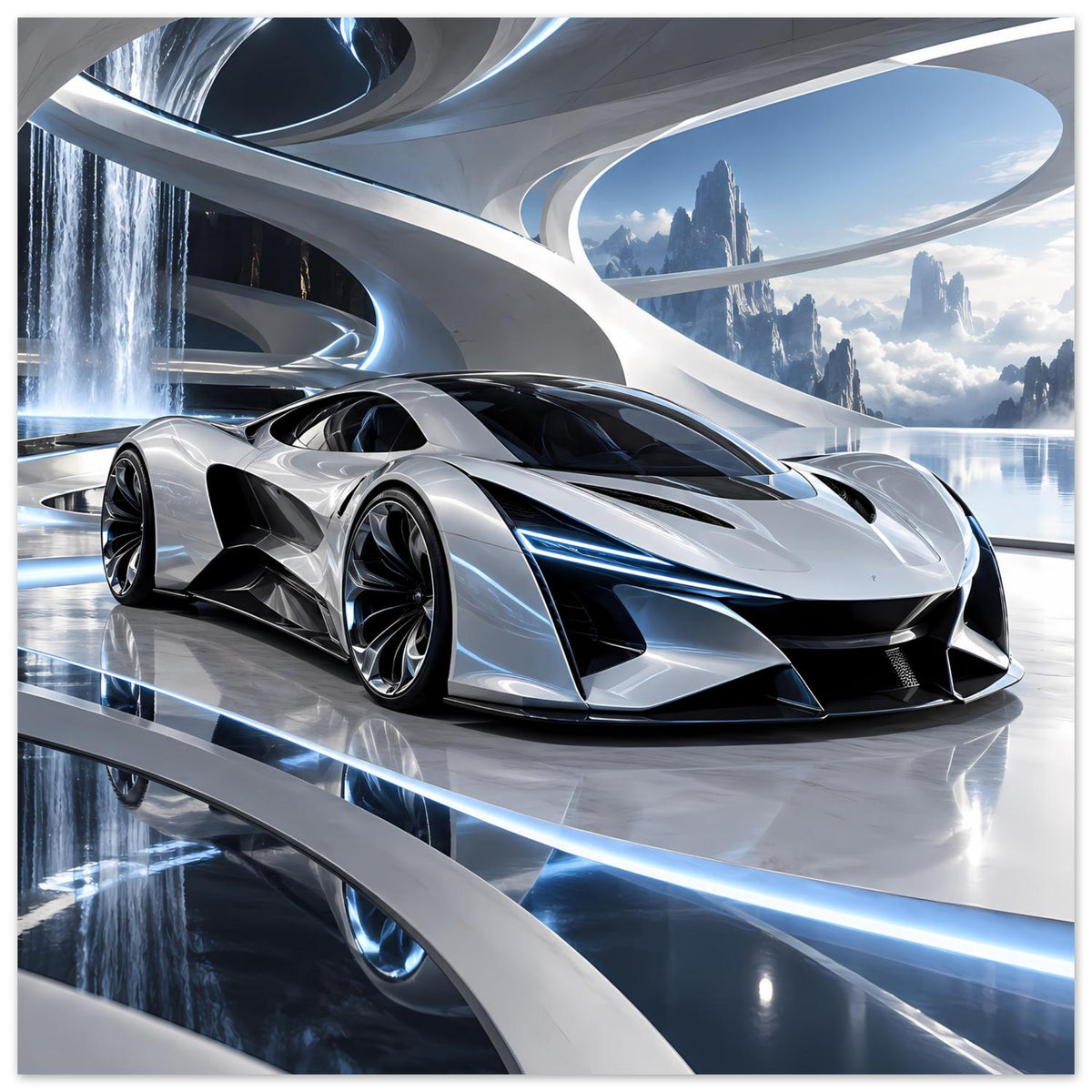 Auto-Poster: silberner Supersportwagen aus Seitenfront, schwarze Details und blaue Lichtakzente.