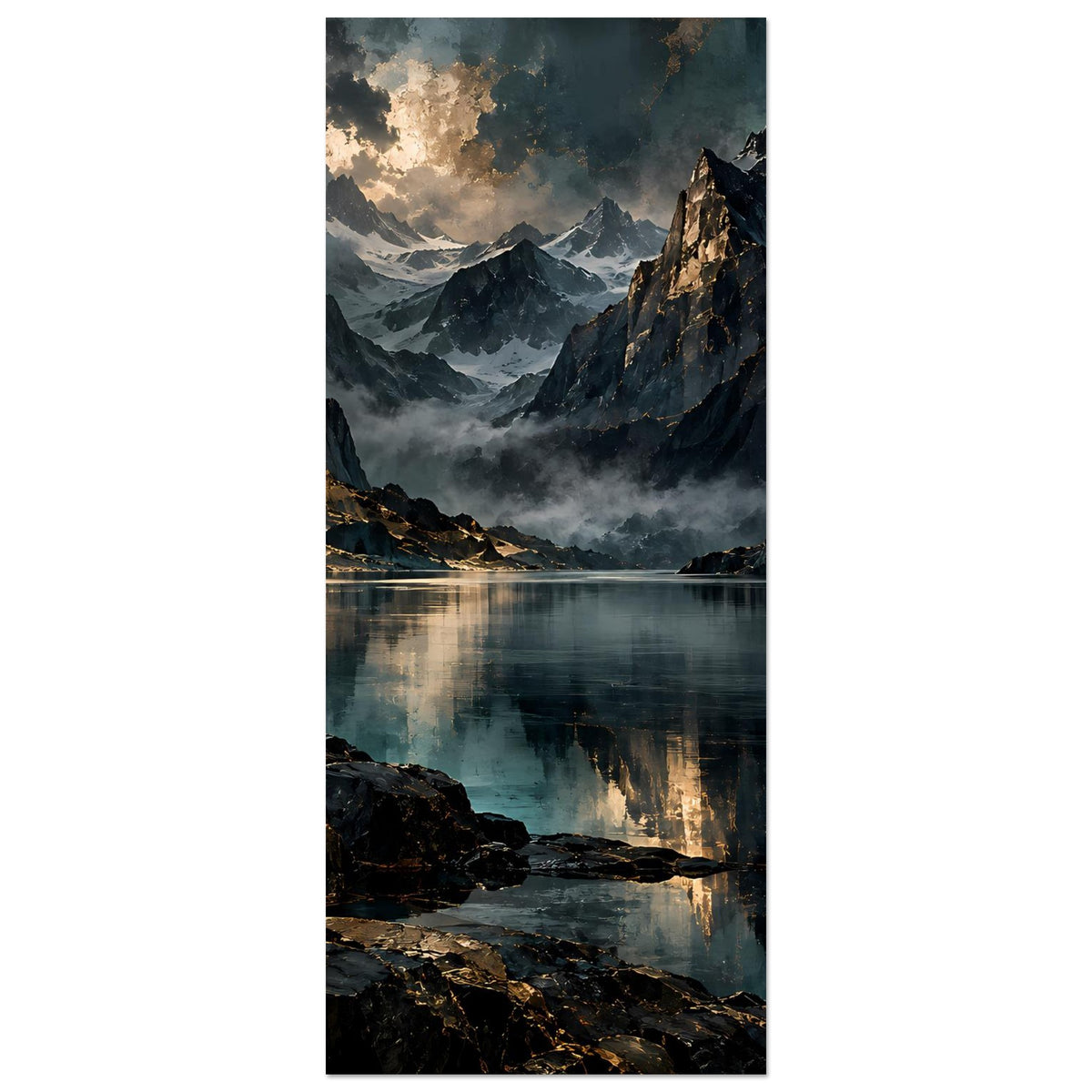 Vertikales Poster mit Bergpanorama, See im unteren Bereich und Licht in den Wolken