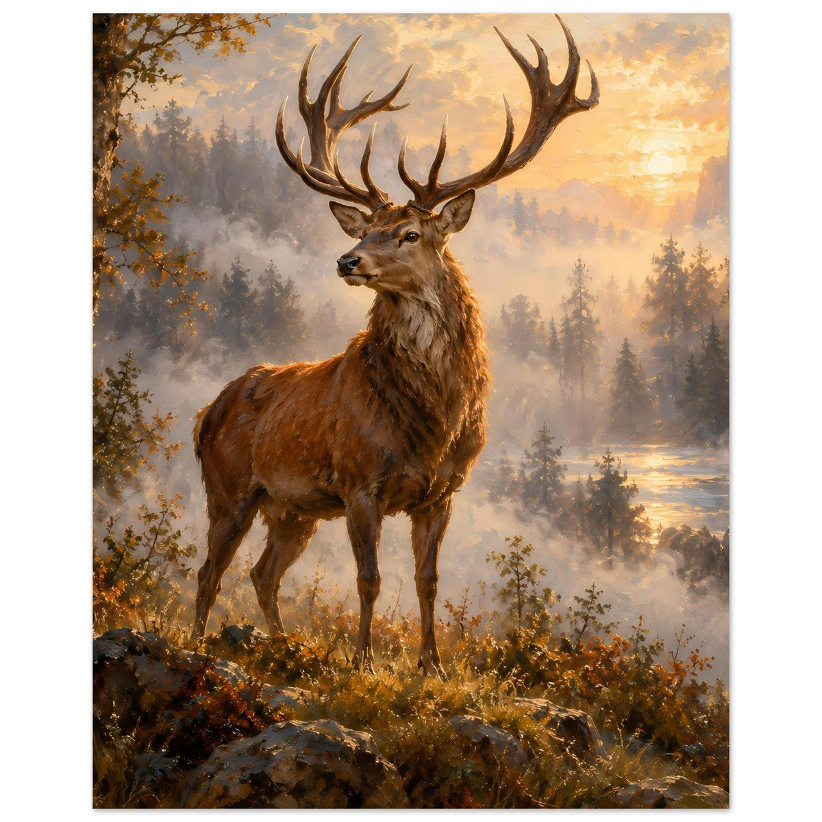 Hirsch-Sunrise-Poster, stehender Hirsch vor nebligen Baumreihen