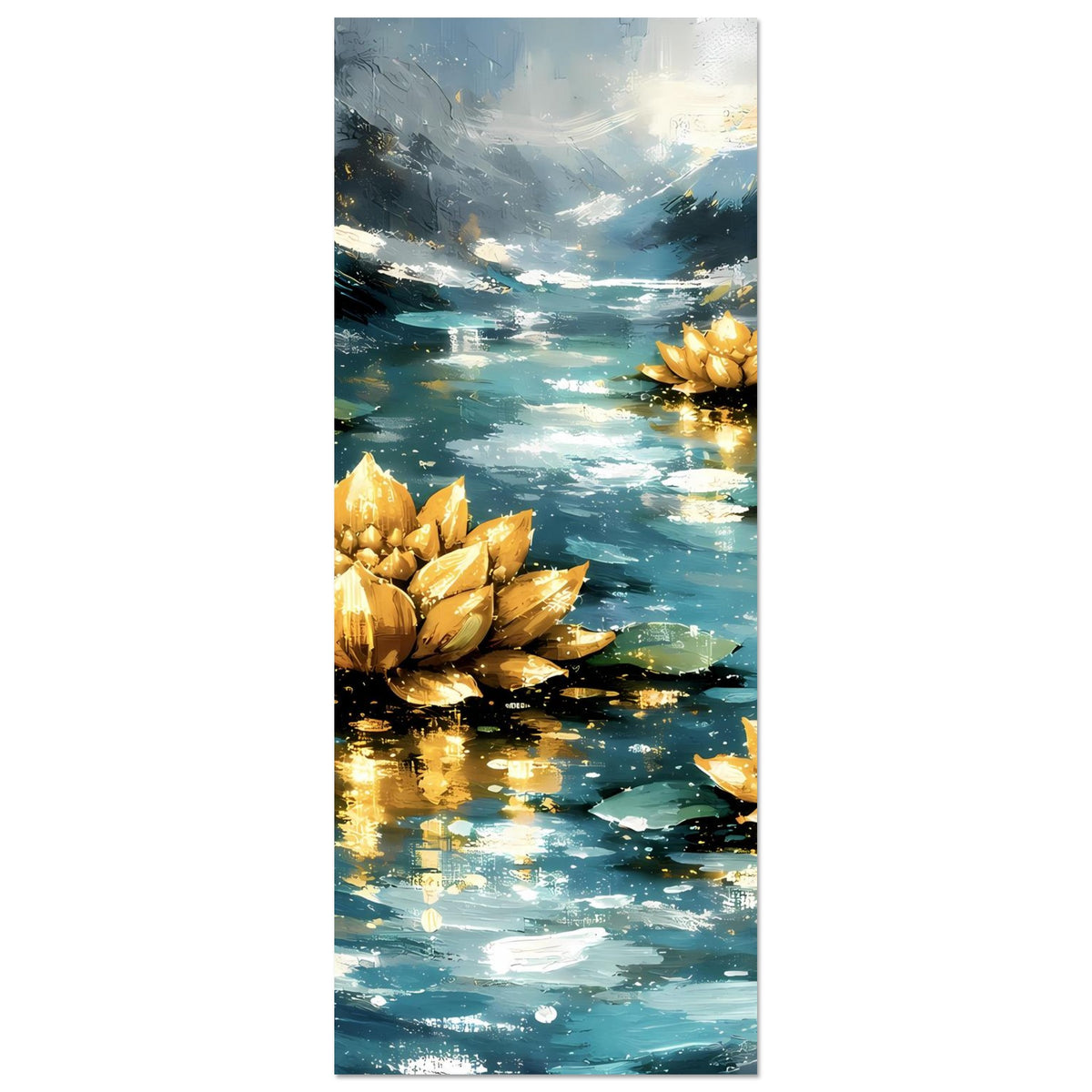 Hochkant-Poster: goldene Lotusblüten und spiegelnde Wasserreflexe, Blaugrün