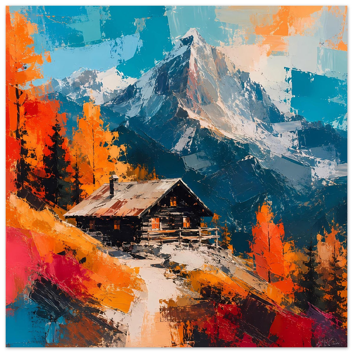 Herbstliches Berghütten-Poster: Gebirgshütte mit Weg im Vordergrund, Berge und orangefarbene Bäume