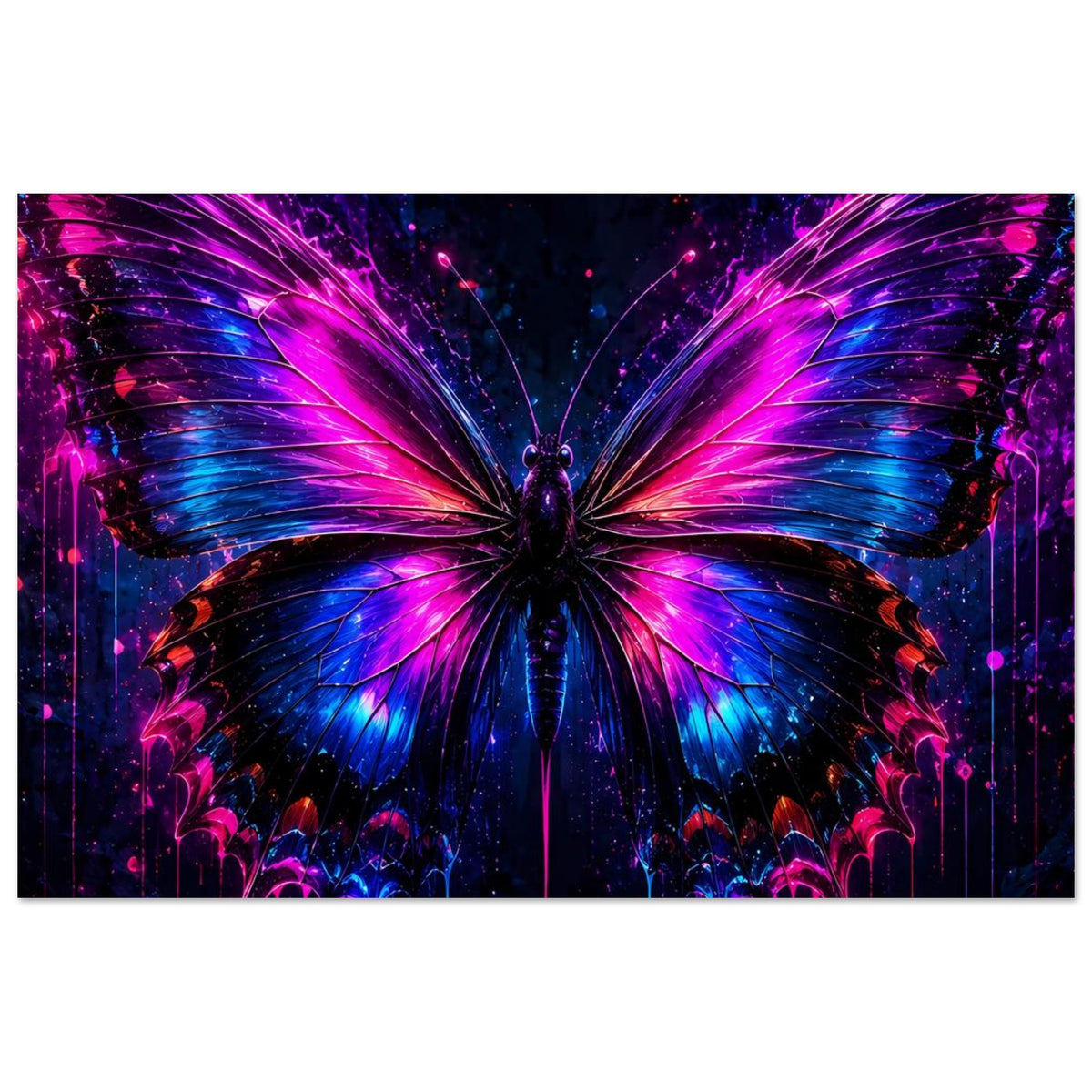 Neon-Schmetterling-Poster mit symmetrischer Flügelgrafik in Pink- und Blautönen