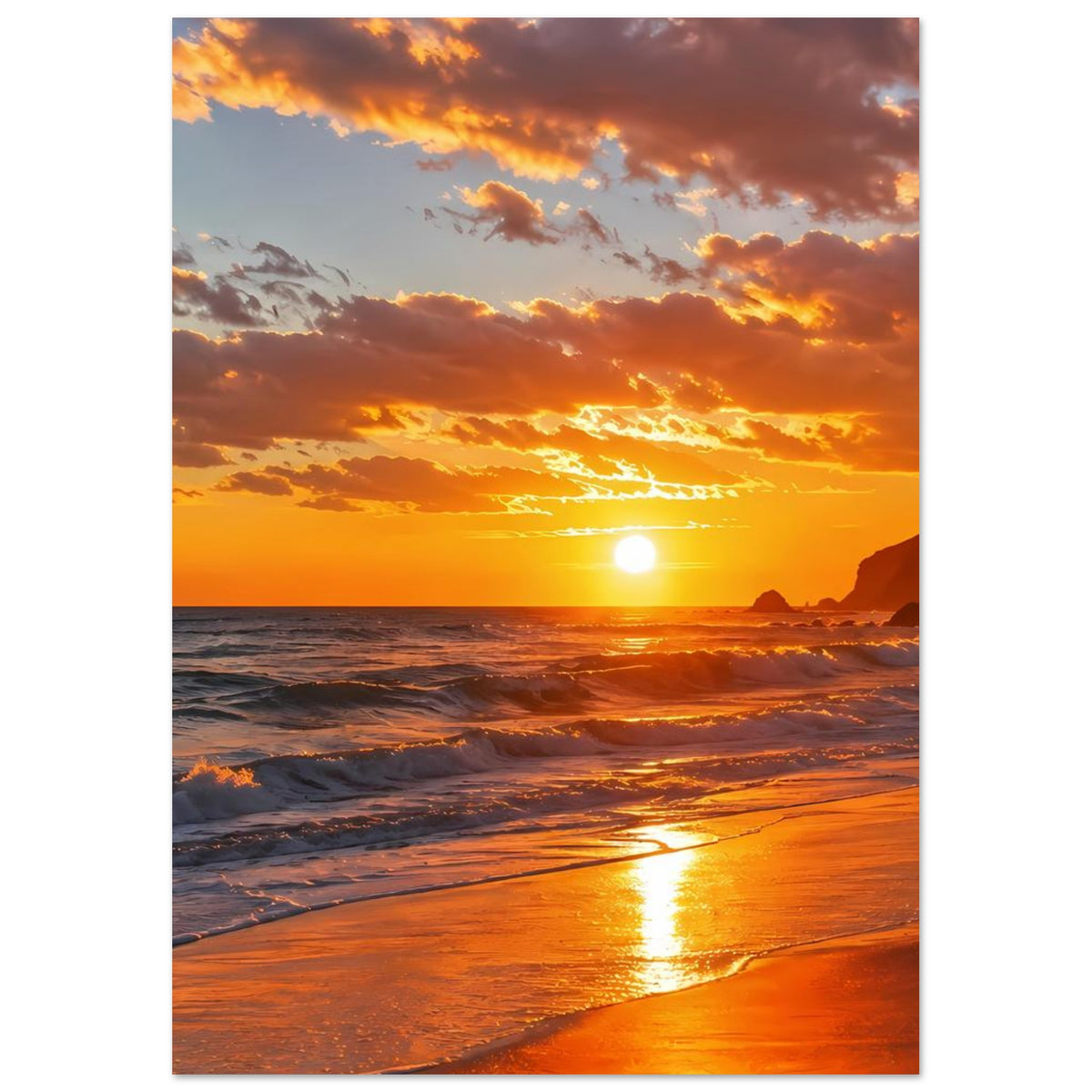 Hochformat-Poster mit Sonnenuntergang am Strand: orangefarbene Abendsonne, Wolkenband, schimmernde Wellen.