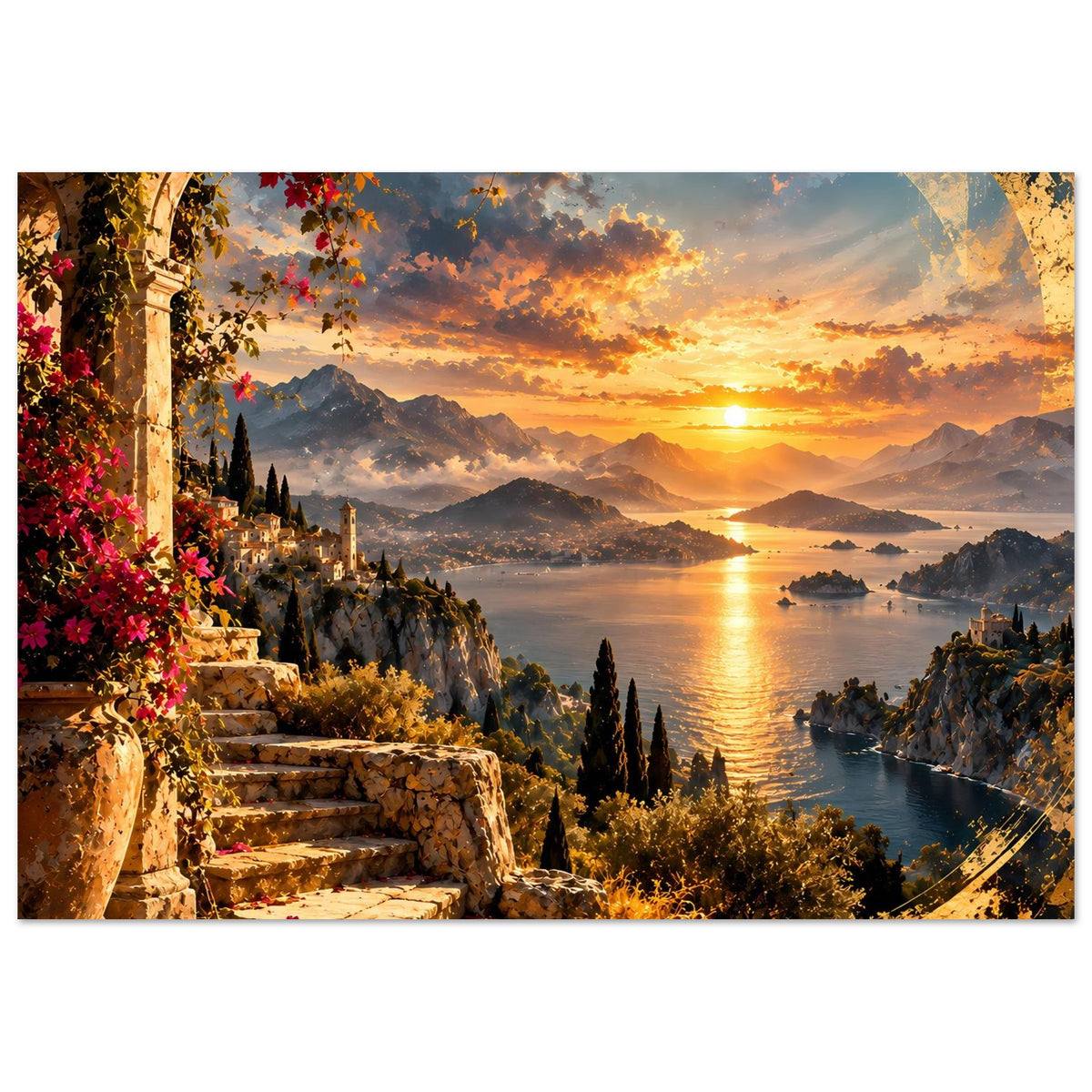 Küstenposter: goldene Lichtspur im Wasser, Küstenhang mit Zypressen, Sonnenuntergang