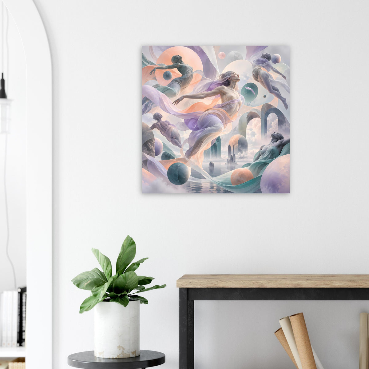 Quadratischer Kunstdruck mit ätherischer Tanzszene, Pastellfarben und sanften Konturen