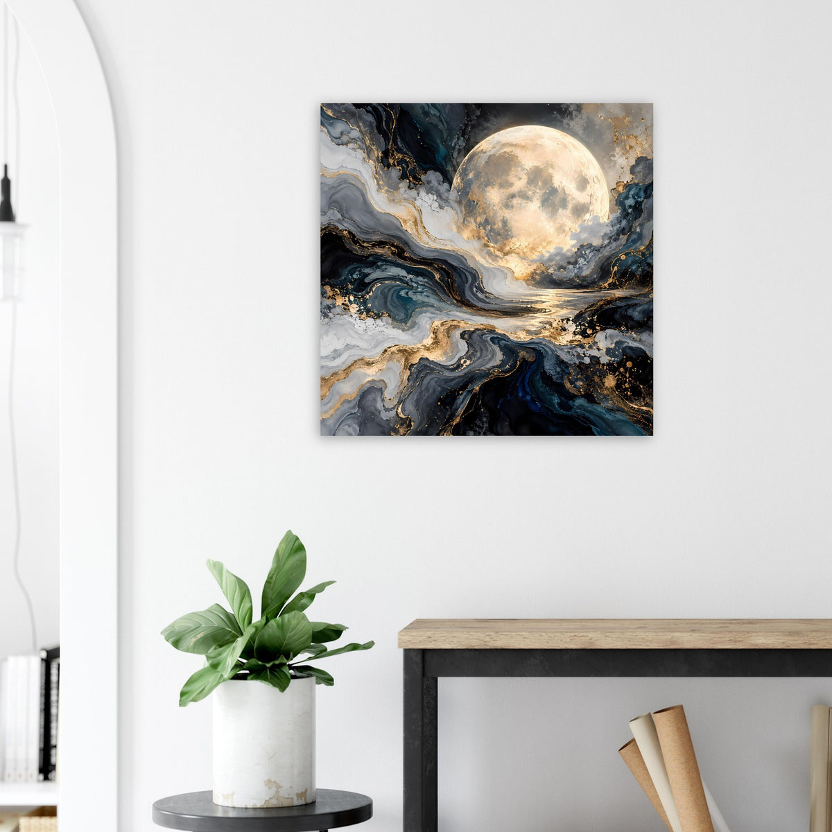 Quadratisches Poster mit leuchtendem Mond und dunklen Meereswirbeln