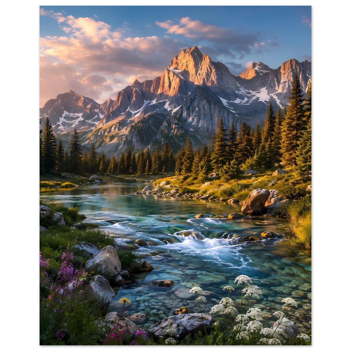 Wandposter Berglandschaft mit Gebirgsbach, steinigen Ufern, Tannen und Bergkamm