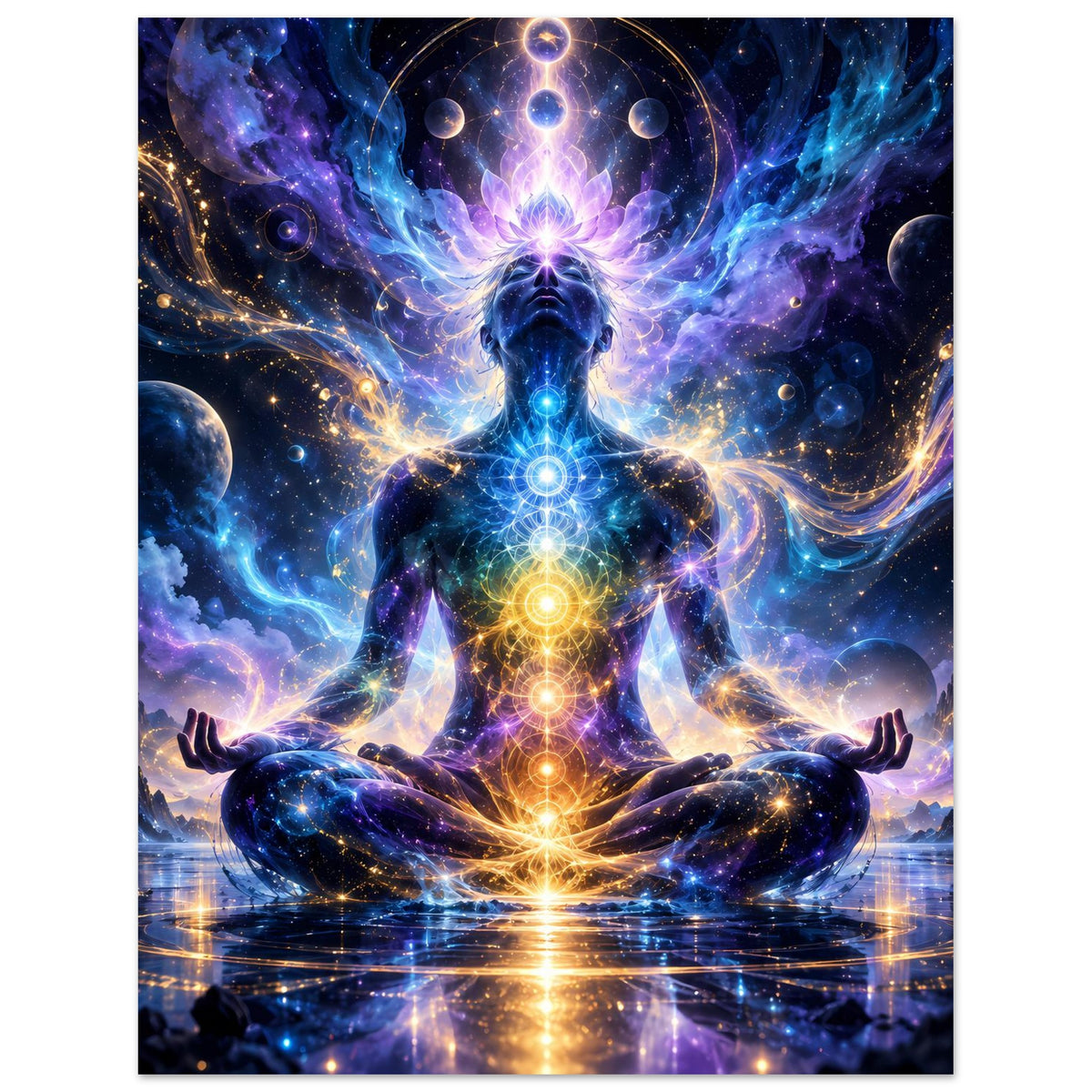 Poster mit meditierender Figur im Lotussitz, Chakra-Leuchten und Sternenstruktur