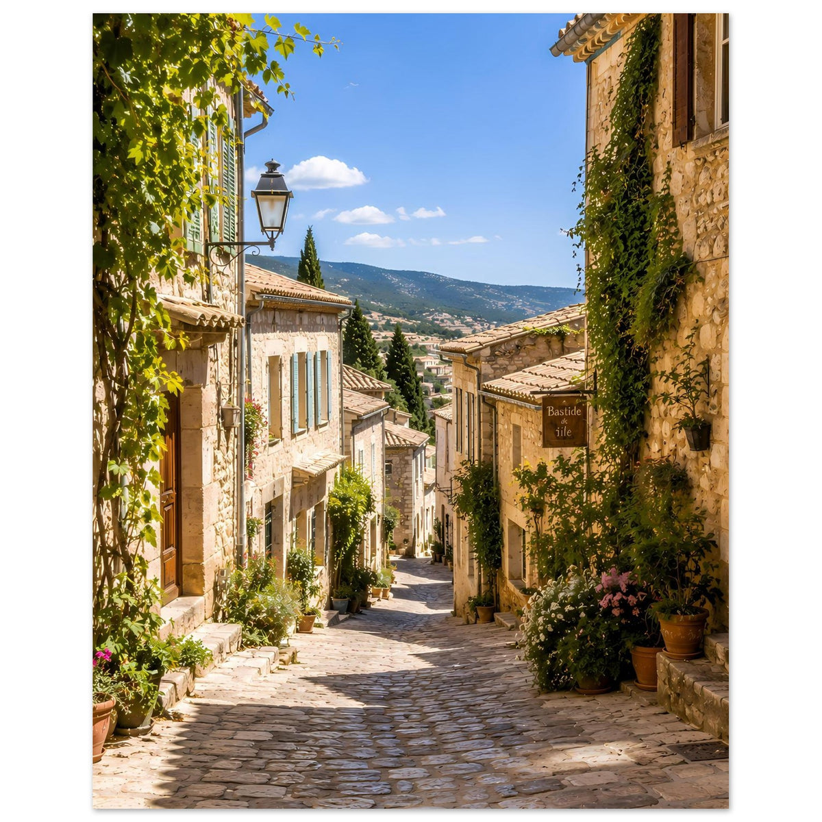 Mediterranes Straßenposter: Kopfsteinpflastergasse zwischen Altbauten mit Efeu und Holzfenstern