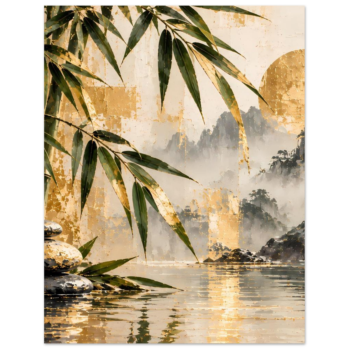 Zen-Bambus-und-Wasserfallposter mit Bambusblättern im Vordergrund und Nebel über dem Wasser