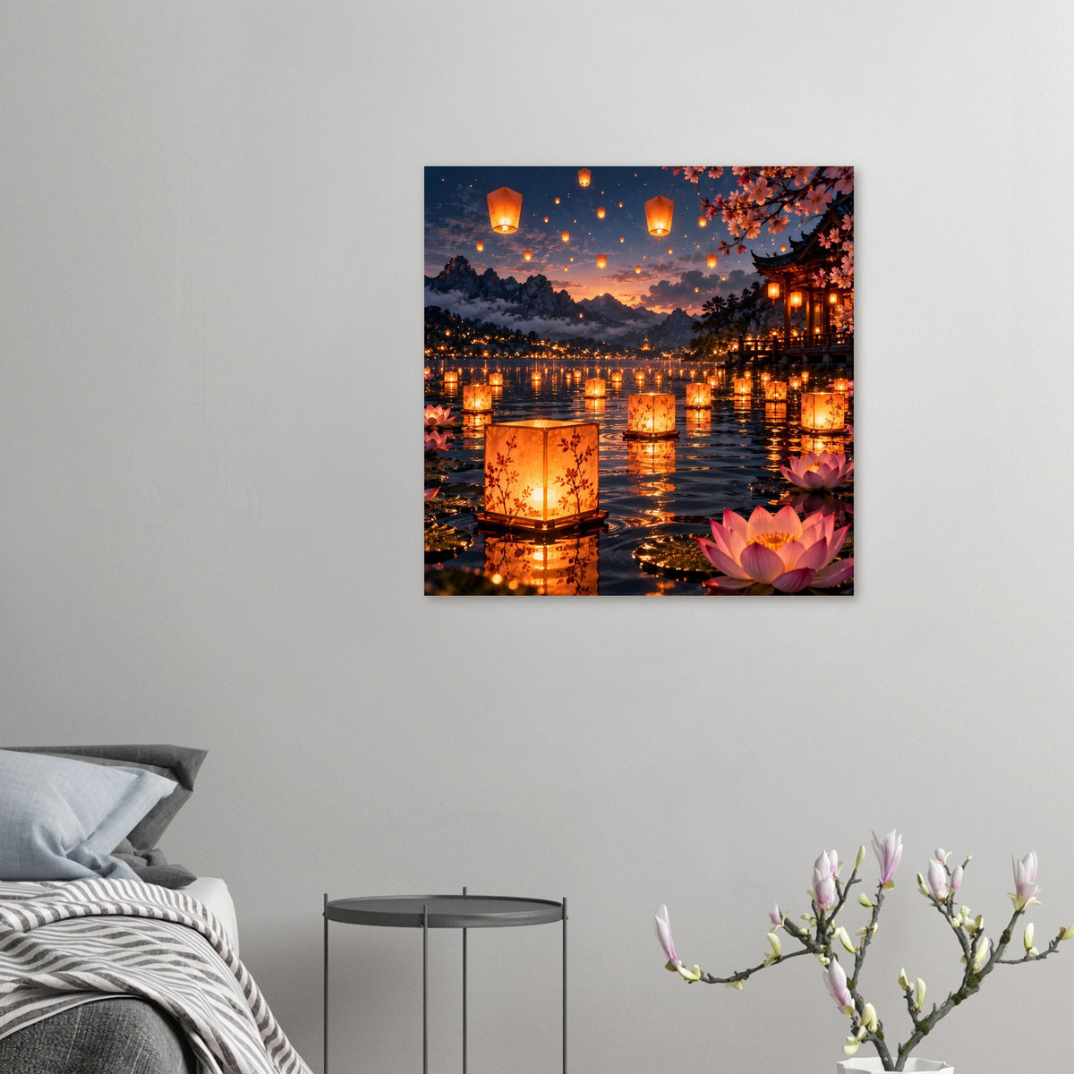 Laternenfest-Poster mit leuchtenden Laternen am Fluss, Lotusblüten und warmem Abendhimmel