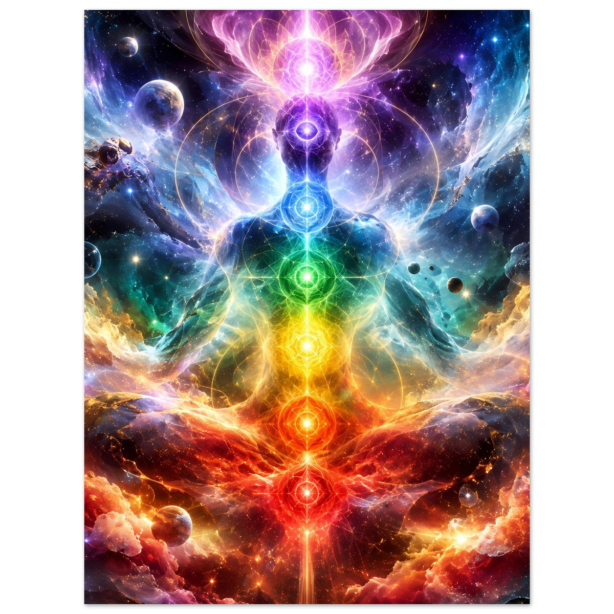 Vertikales Meditationsposter mit Chakren-Energie, Regenbogenfarben und kosmischem Lichthalo