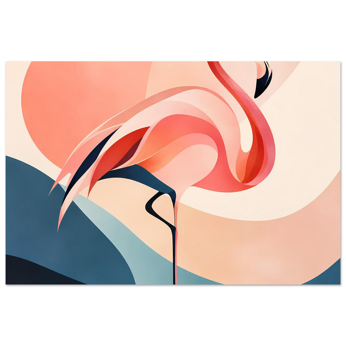 Kunstdruck mit abstraktem Flamingo in Korall- und Rosatönen, klare Linien und Farbflächen