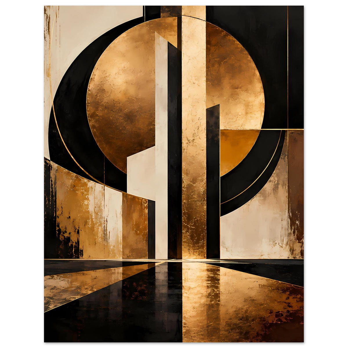 Abstraktes Art-Poster: goldene Kreisfläche, schwarze Rundbögen, senkrechte Streifen und Rechteckmuster