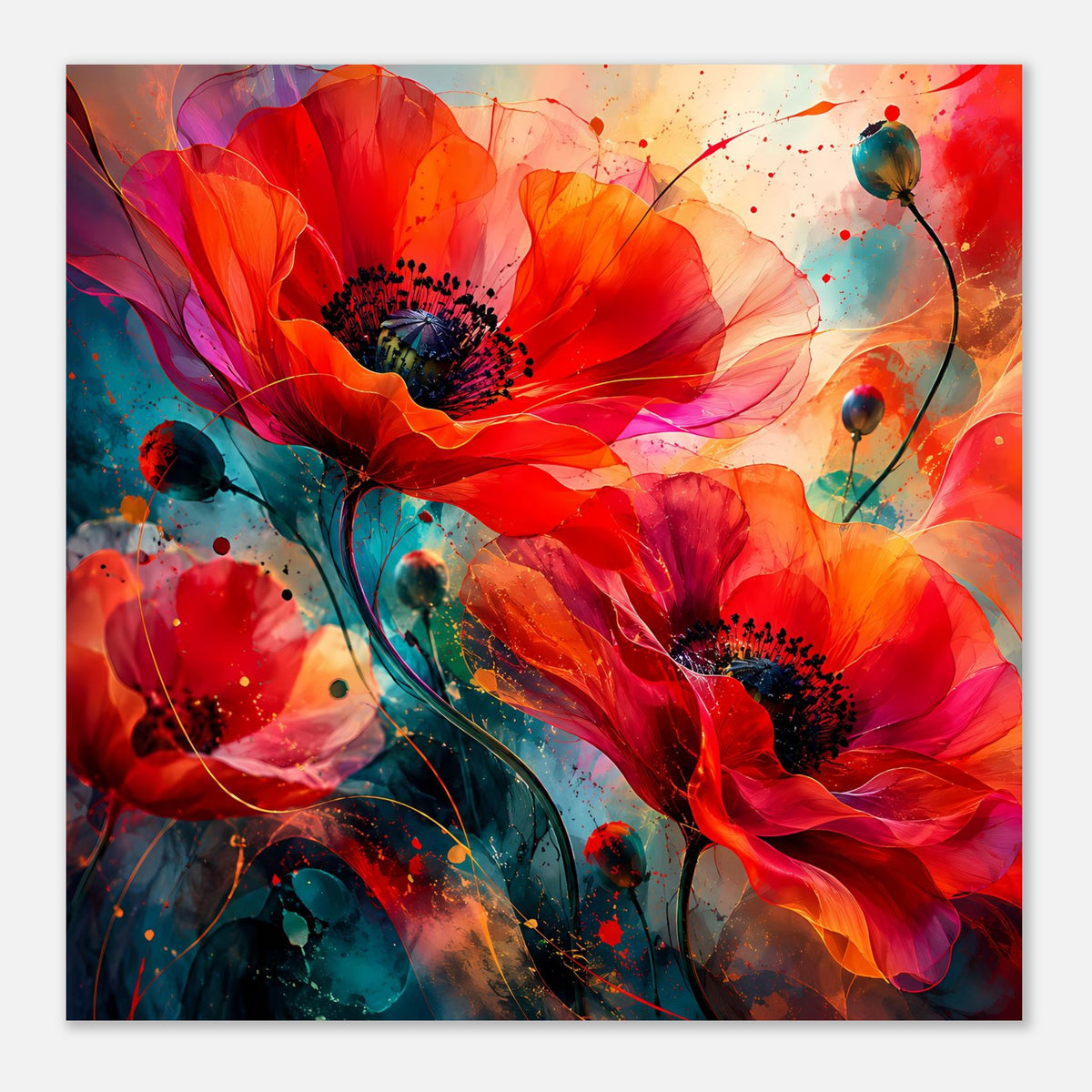 Quadratisches Blumen-Artposter mit roten Blüten, blauen Punkten und abstrakten Spritzern