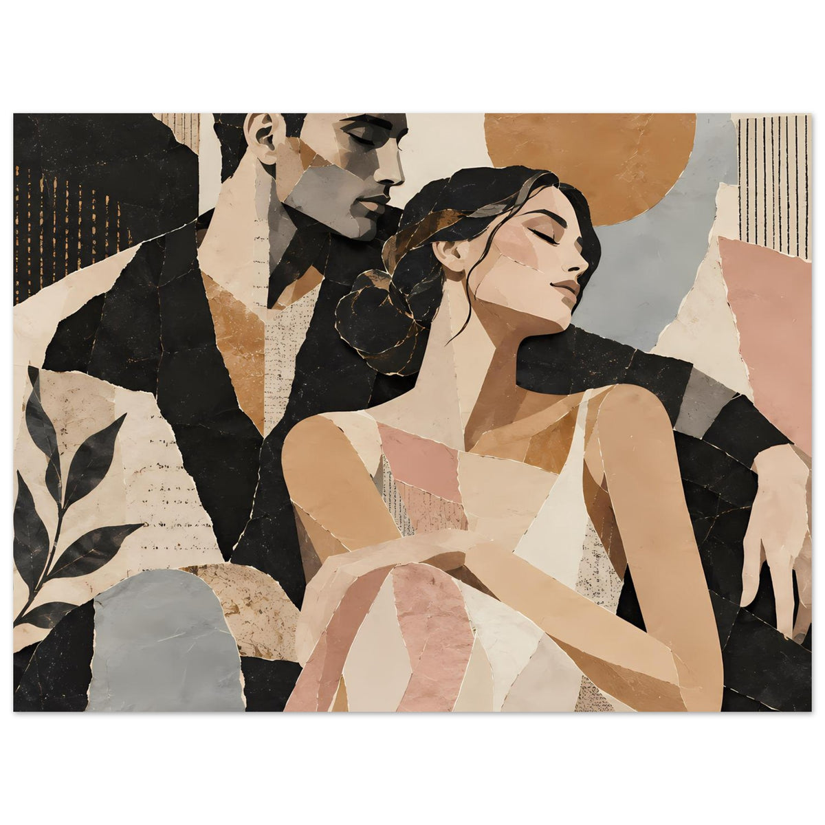 Kunstposter mit abstraktem Paarporträt, warmes Braun, Beige, Schwarz und Kreis im Hintergrund