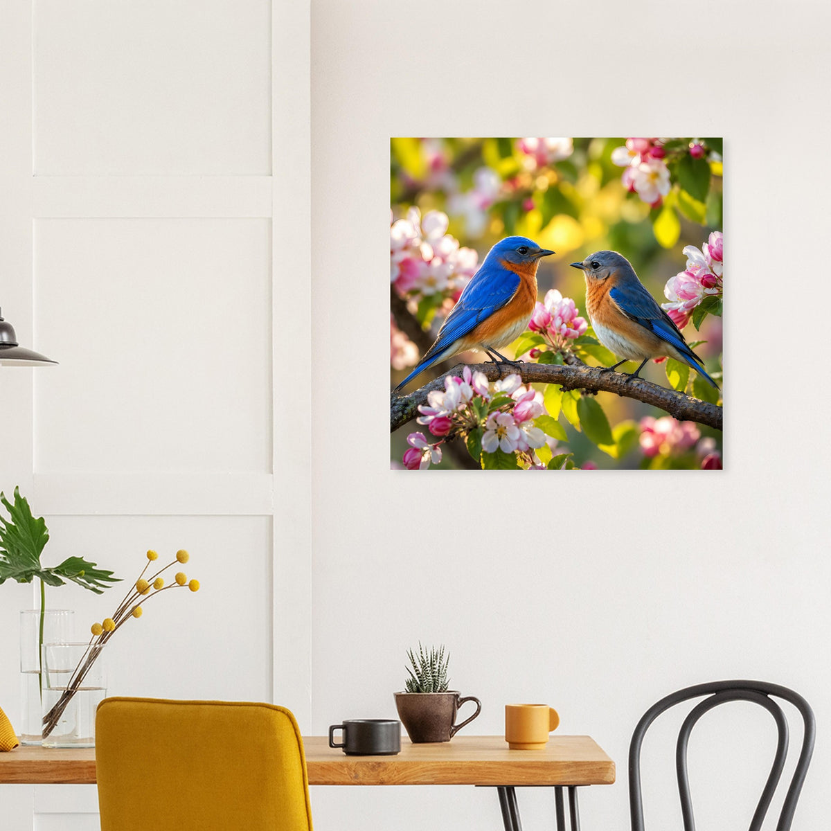 Poster mit zwei Blaumeisen auf Ast zwischen rosa Blüten