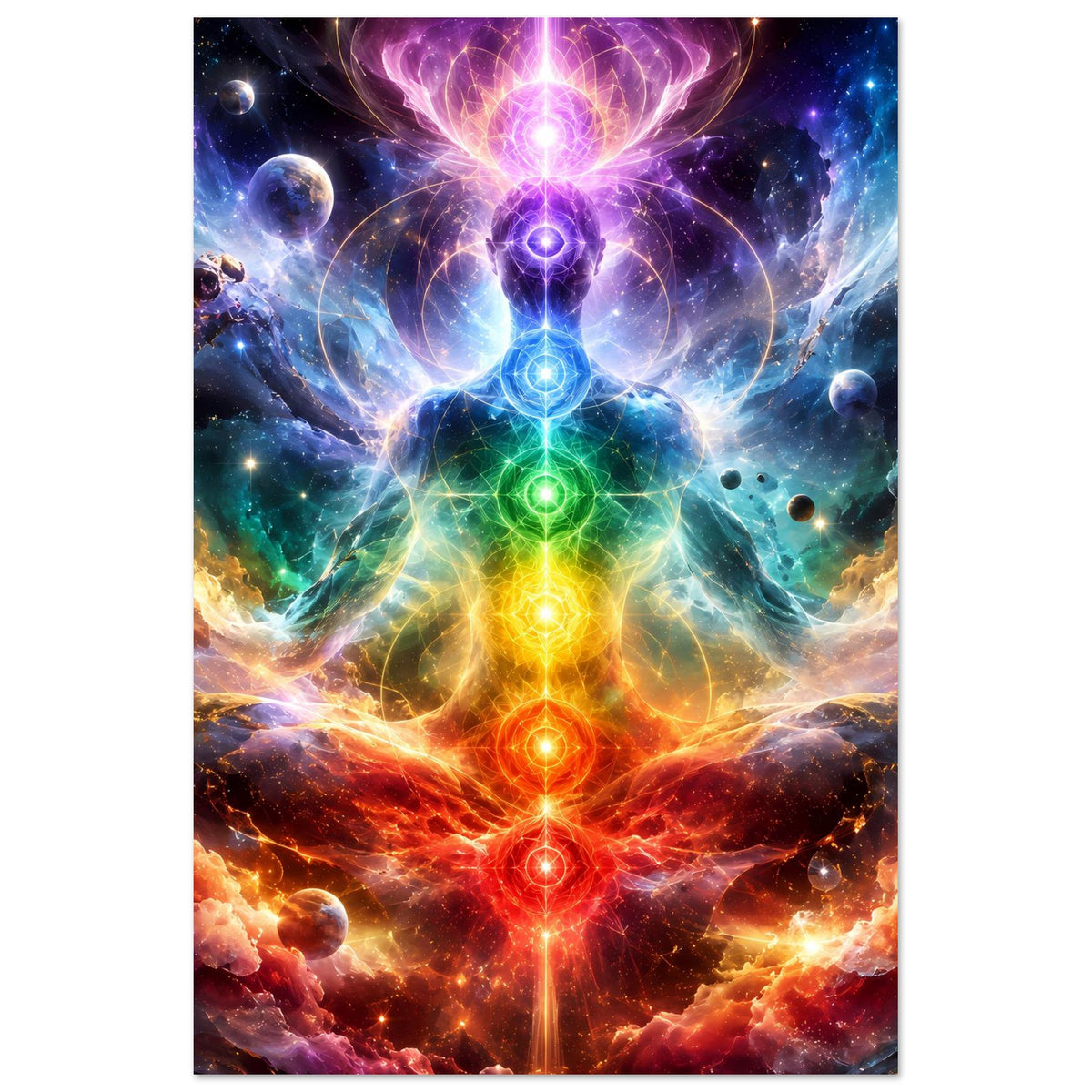Chakra-Meditationsposter im Hochformat mit Regenbogen-Energie und leuchtenden Chakren