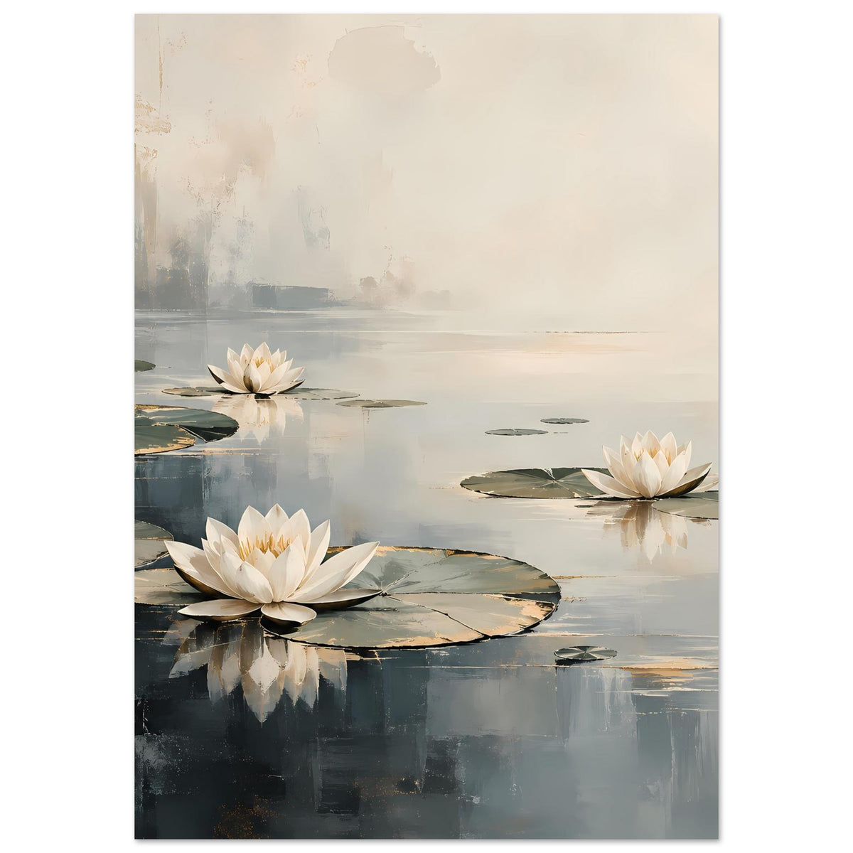 Vertikales Poster mit vorderer weißer Wasserlilie und weiteren Blüten in Beige-Grau
