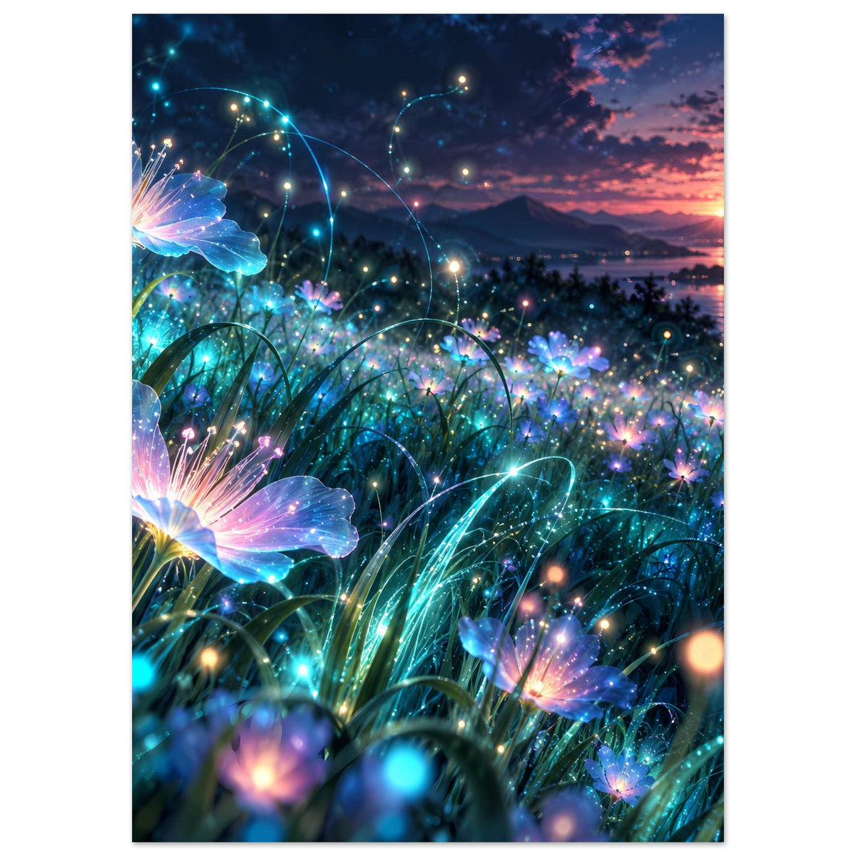 Leuchtendes Blumenposter mit blauen Leuchtblüten, funkelnden Kugeln und rosafarbenem Abendhimmel