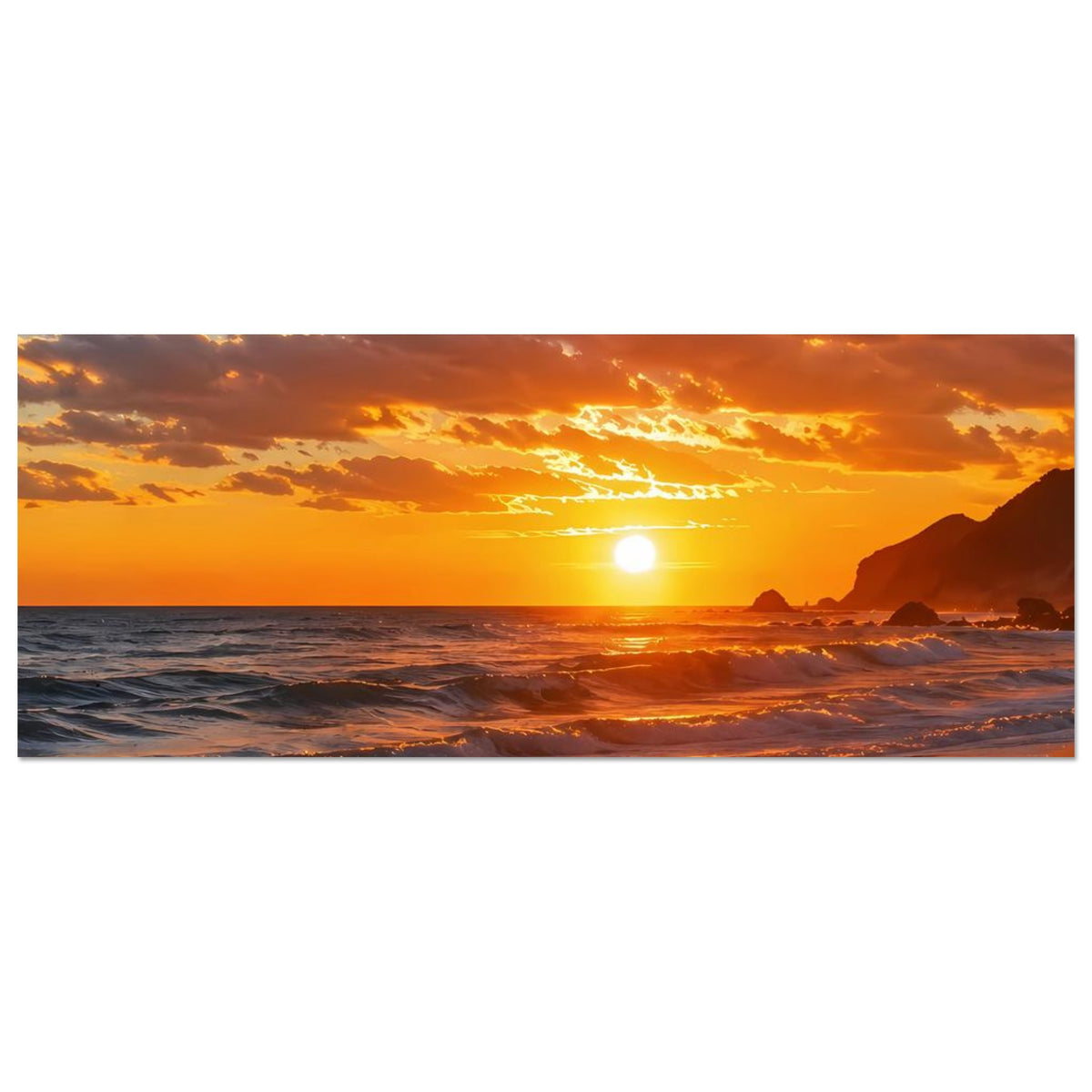 Horizontales Strand-Sonnenuntergangs-Poster mit orangefarbenem Himmel und flachem Lichtstreifen