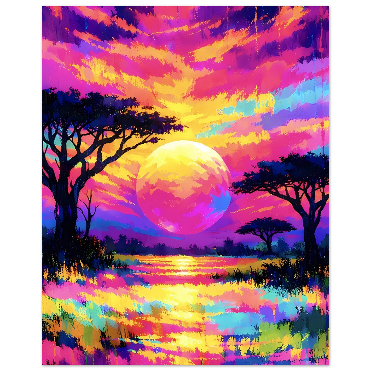 Neon-Landschaftsposter im Hochformat: leuchtende Sonne, bunte Wolken über See, dunkle Baum-Silhouetten