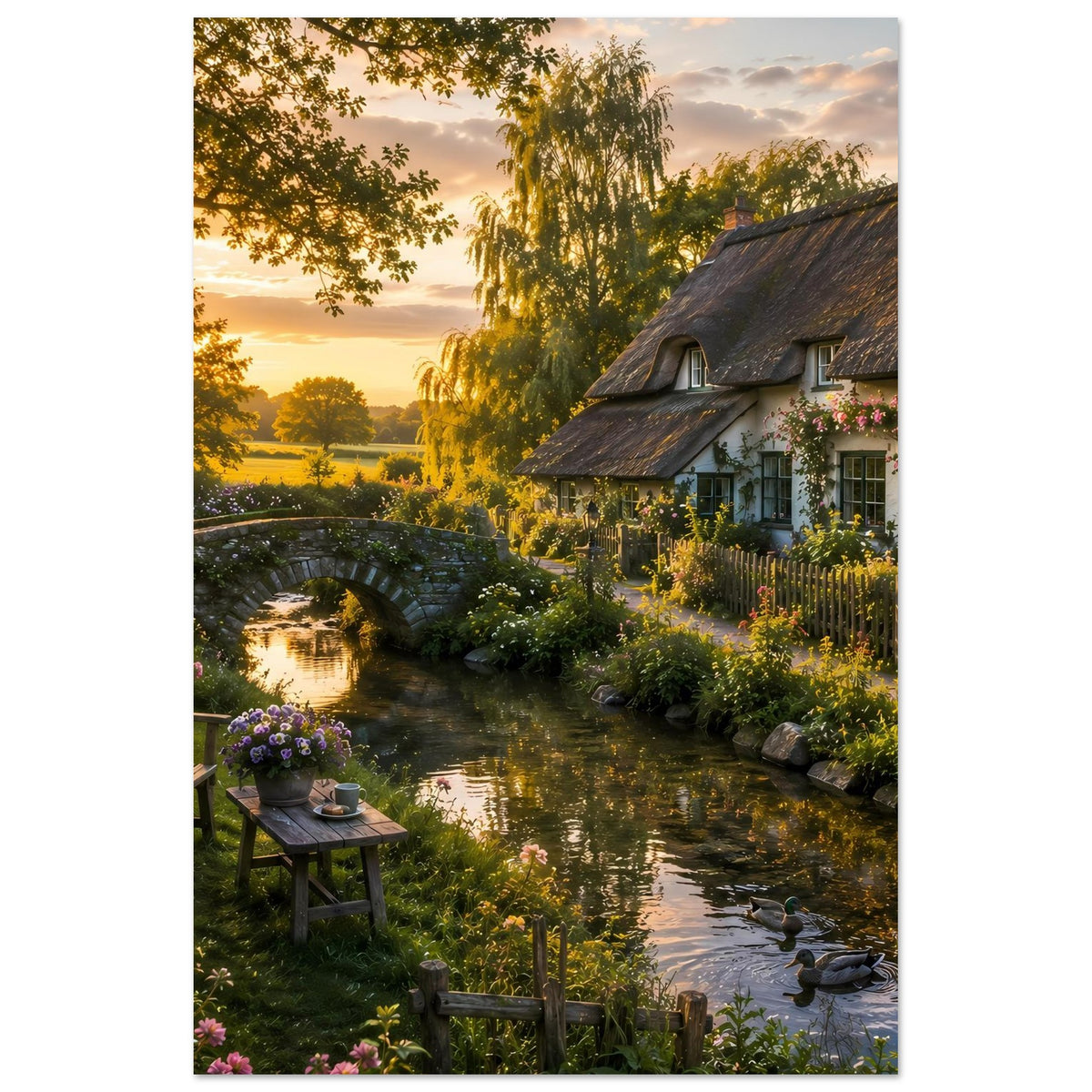 Poster im Hochformat, Ausschnitt: Landhaus am Bach, Steinbrücke, Blumen und Enten im Wasser
