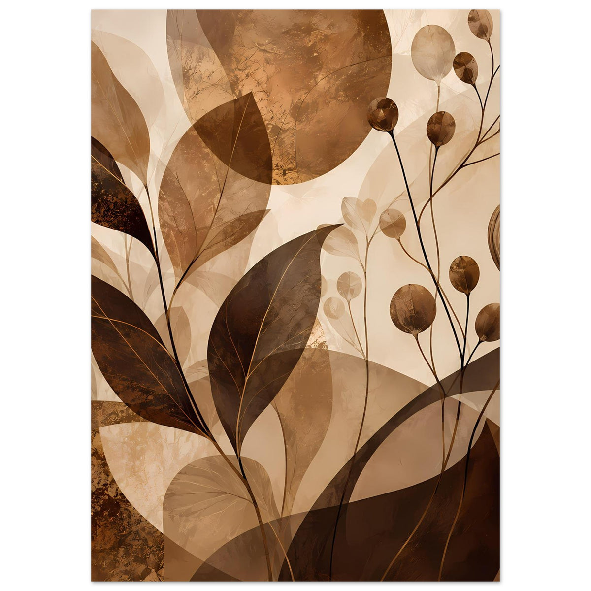 Blumenposter mit abstrakten Blättern, runden Blütenkugeln und feinen Stielen in Braun/Beige