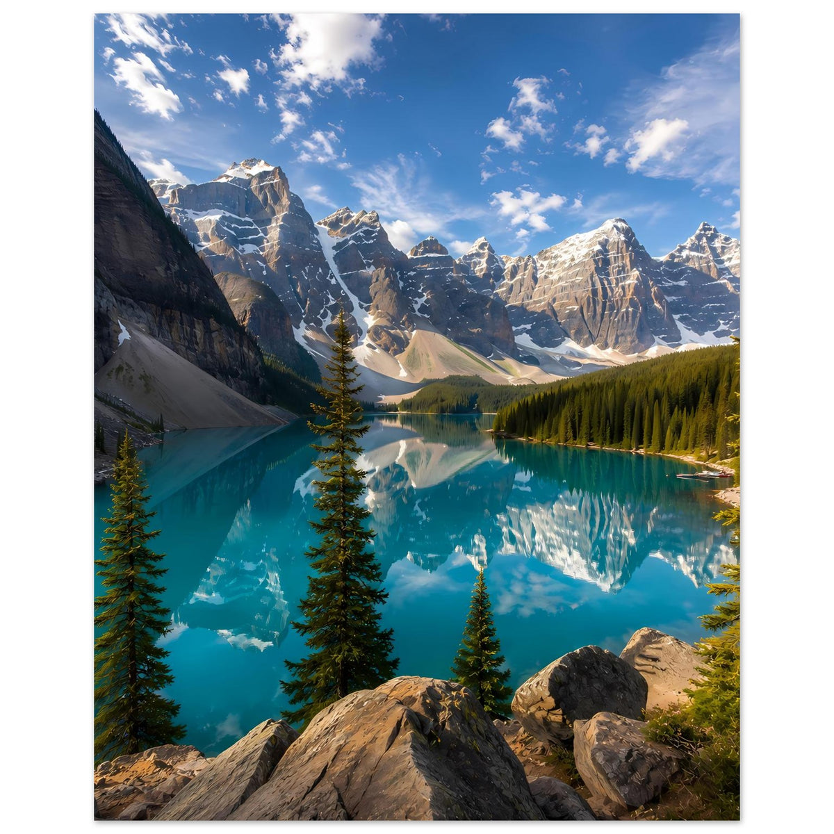 Vertikales Poster mit Bergsee: türkisblaues Wasser, Fichten und schneebedeckte Berge