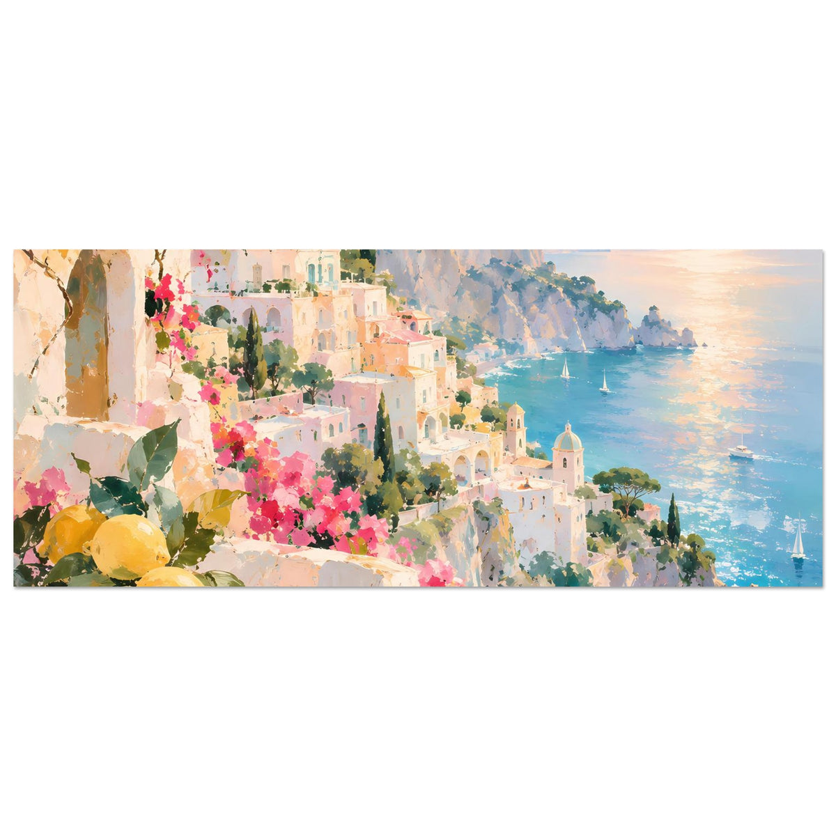 Horizontales Poster mit Küstenlandschaft: rosa Blüten, gelbe Früchte und See mit Segeln