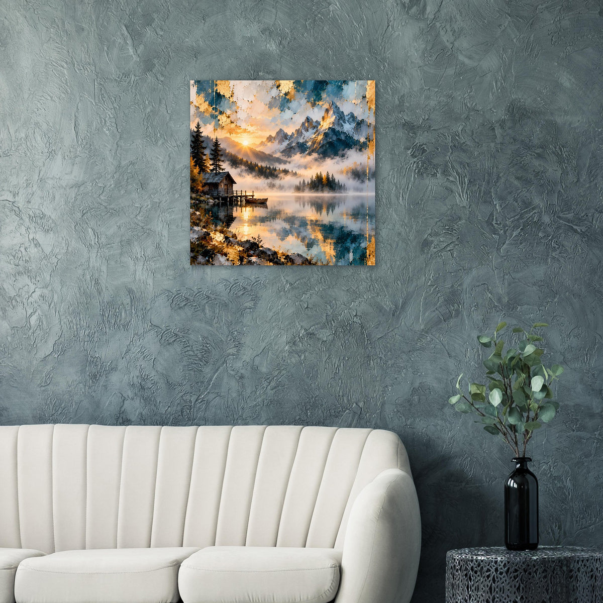Wandposter mit Bergsee-Landschaft, Sonnenaufgang und Spiegelung im ruhigen Wasser